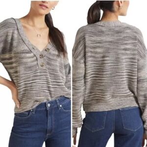 Free People Mercury Henley Marble Ribbed Button Sweater Space Dye Black